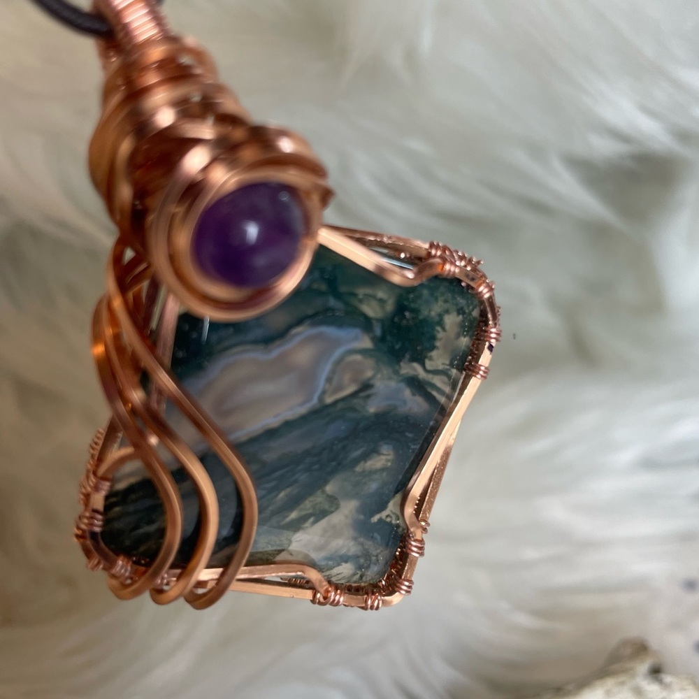 Moss Agate Crystal Pendant With Amethyst Leather Cord Artisan Boho - Picture 12 of 15